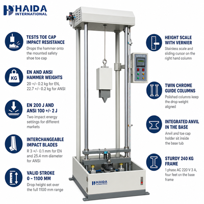 Máy kiểm tra va đập giày an toàn HAIDA, Máy kiểm tra khả năng chống va đập mũi giày, Thiết bị kiểm tra giày tiêu chuẩn EN ANSI