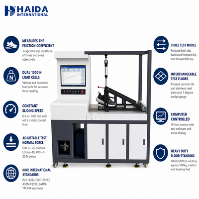 Máy kiểm tra độ chống trượt HAIDA, Máy đo hệ số ma sát đế giày, Thiết bị kiểm tra giày theo tiêu chuẩn ISO 13287 ASTM F2913