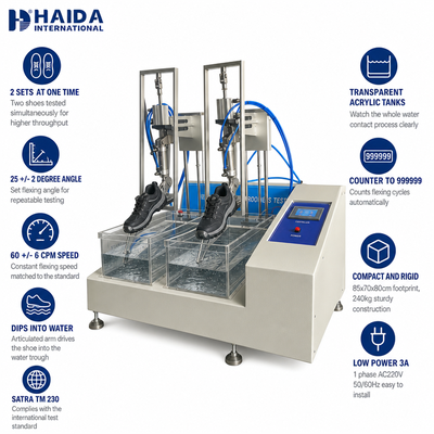 Máy kiểm tra chống thấm nước giày HAIDA Dynamic Footwear Shoe Waterproof Testing Machine SATRA TM 230 Standard Shoe Test Equipment
